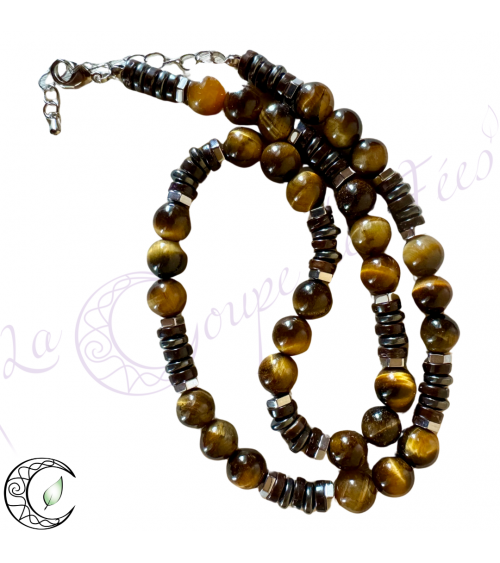 collier homme hématite, oeil de tigre et bois