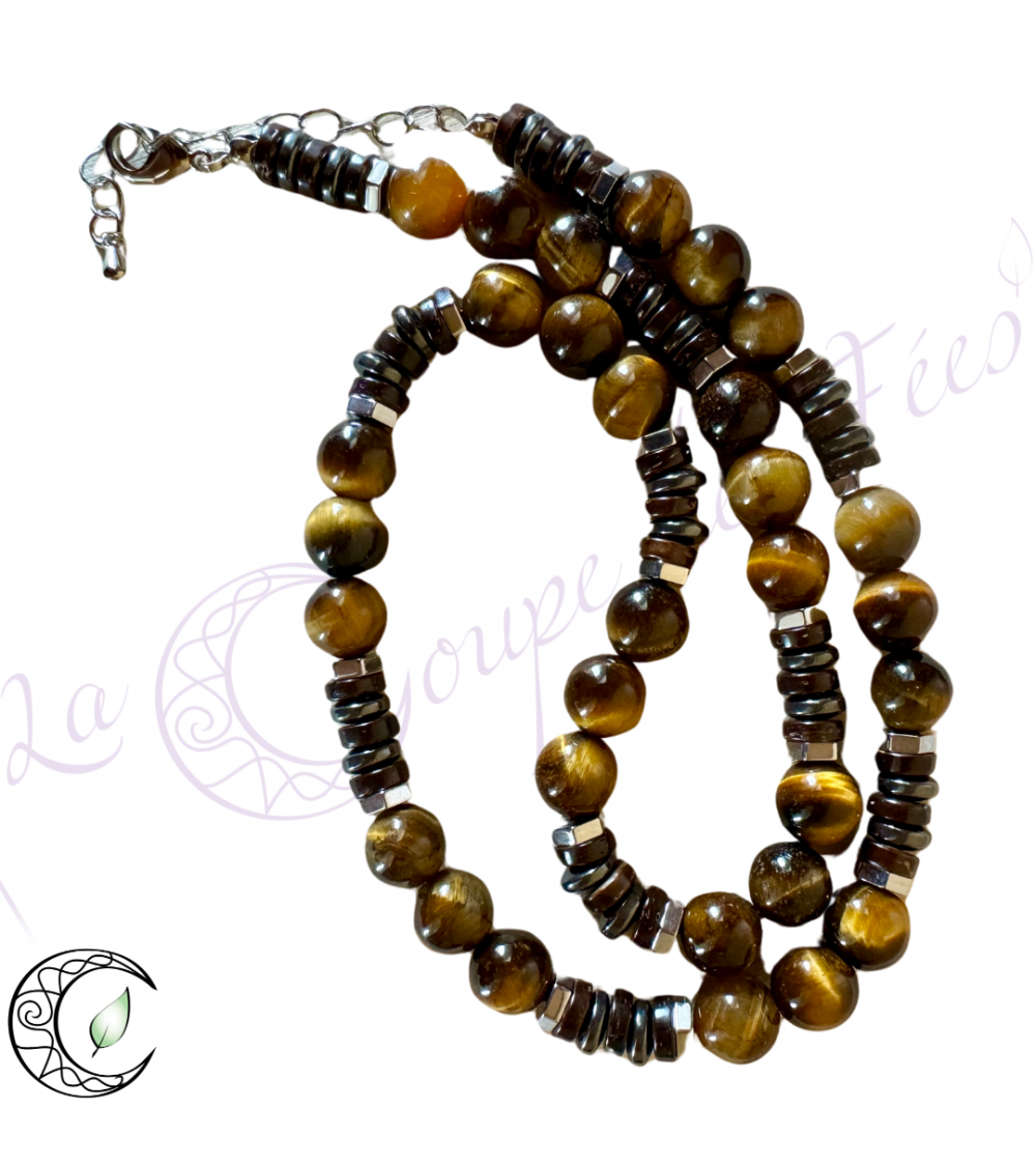 collier homme hématite, oeil de tigre et bois
