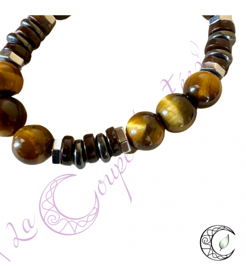 collier homme hématite, oeil de tigre et bois