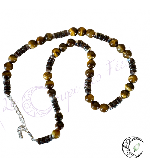 collier homme hématite, oeil de tigre et bois