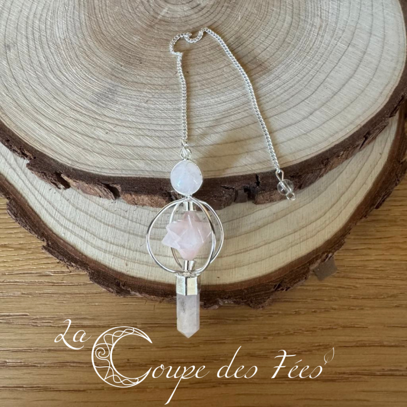 Pendule Merkaba 3 pierres Quartz rose