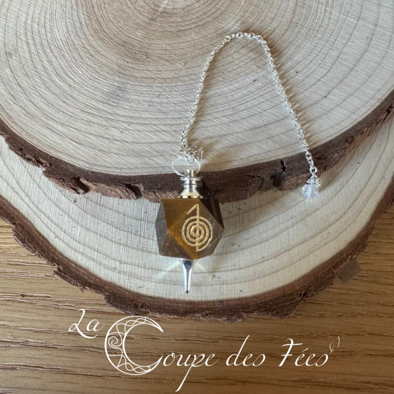 Pendule Dodécaèdre en Œil de Tigre avec Gravure Cho Ku Rei