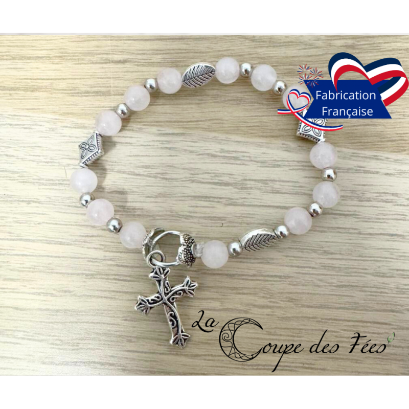 Perles de Prières – Bracelet Rituel en Quartz rose & Croix (13 perles)