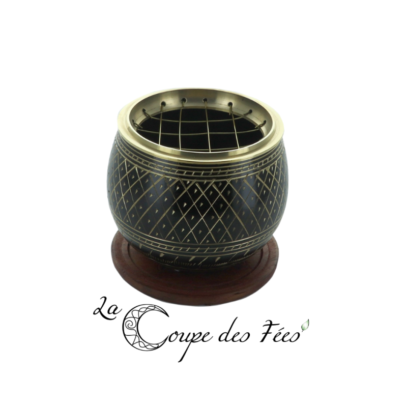 Encensoir en Aluminium Ciselé avec Grille et Socle en Bois