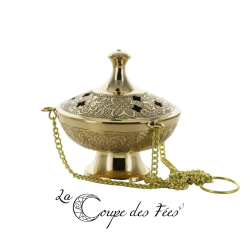 Brûle-Encens en Laiton Ciselé avec Chaîne – Sans Grille
