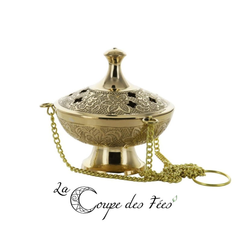 Brûle-Encens en Laiton Ciselé avec Chaîne – Sans Grille