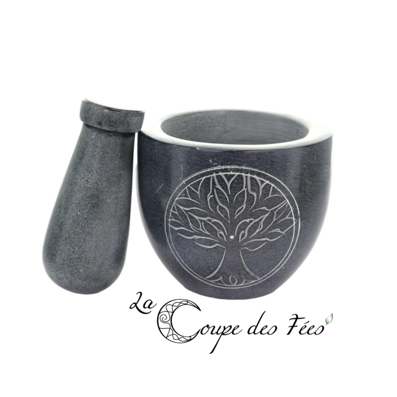Mortier Arbre de Vie en Stéatite avec Pilon – H 7 cm, Ø 9 cm