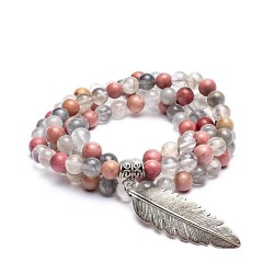 Mala Rhodonite & Quartz Gris – 108 perles avec breloque plume argentée