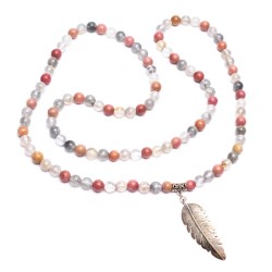 Mala Rhodonite & Quartz Gris – 108 perles avec breloque plume argentée
