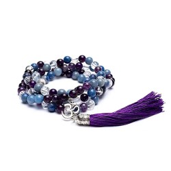 Mala Améthyste, Aventurine bleue & Cristal de roche – 108 perles avec breloque Om argentée