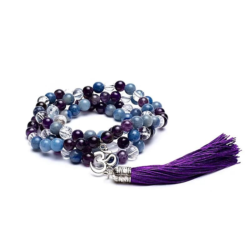 Mala Améthyste, Aventurine bleue & Cristal de roche – 108 perles avec breloque Om argentée
