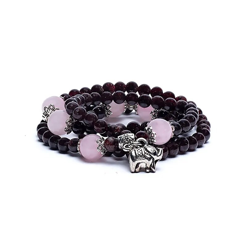 Bracelet Grenat Rouge & Quartz Rose – Élastique avec breloque éléphant (24 cm, perles 5 mm)