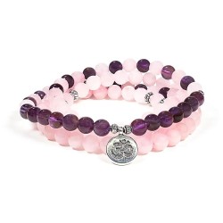 Mala Quartz Rose & Améthyste – Élastique avec symbole Ohm (108 perles)
