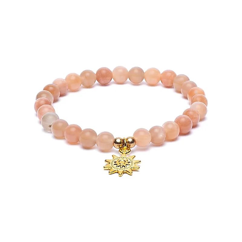 Bracelet Élastique Pierre de Soleil – Breloque Soleil Doré, Perles 6 mm