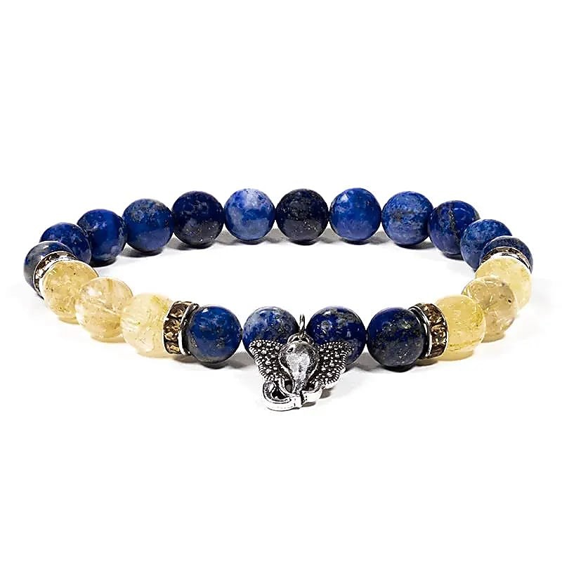 Bracelet Lapis Lazuli & Quartz Rutile – Breloque Ganesh Argenté, Perles 8 mm