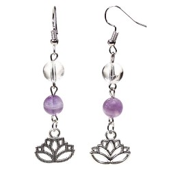 Boucles d’Oreilles en Améthyste & Cristal de Roche – Symbole Lotus