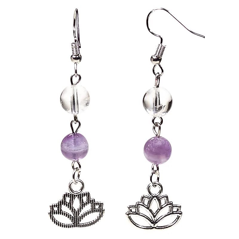Boucles d’Oreilles en Améthyste & Cristal de Roche – Symbole Lotus