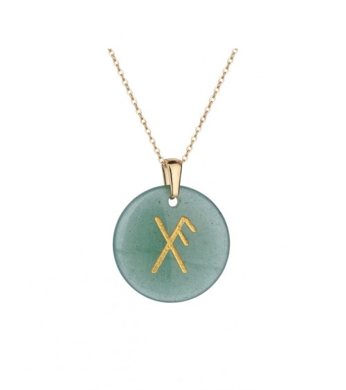 Pendentif talisman chance en pierre naturelle aventurine verte gravée rune nordique et chaîne argentée