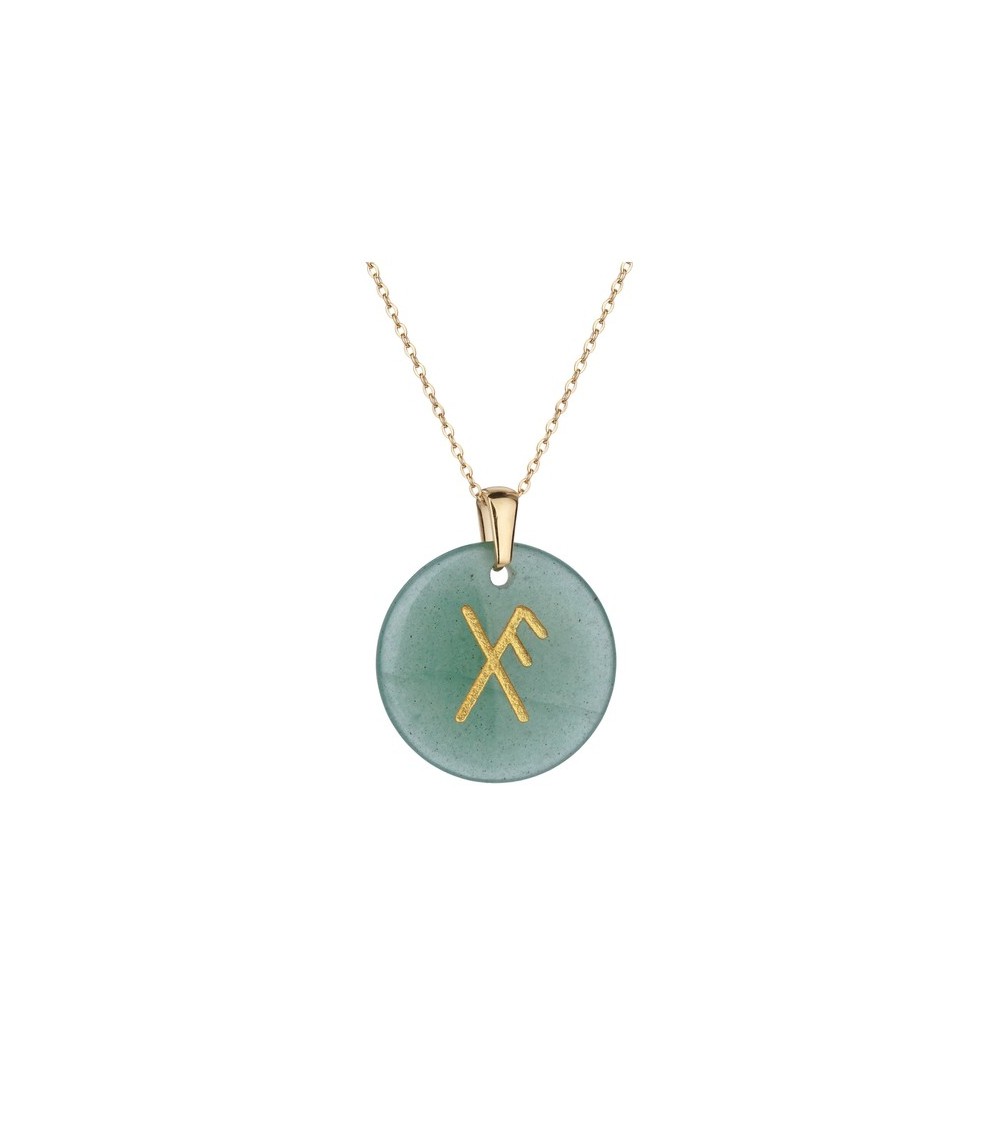 Pendentif talisman chance en pierre naturelle aventurine verte gravée rune nordique et chaîne argentée