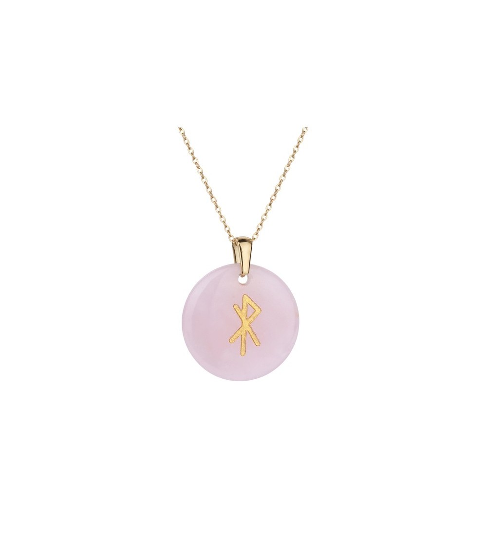 Pendentif talisman amour en pierre naturelle quartz rose pâle gravée rune nordique dorée