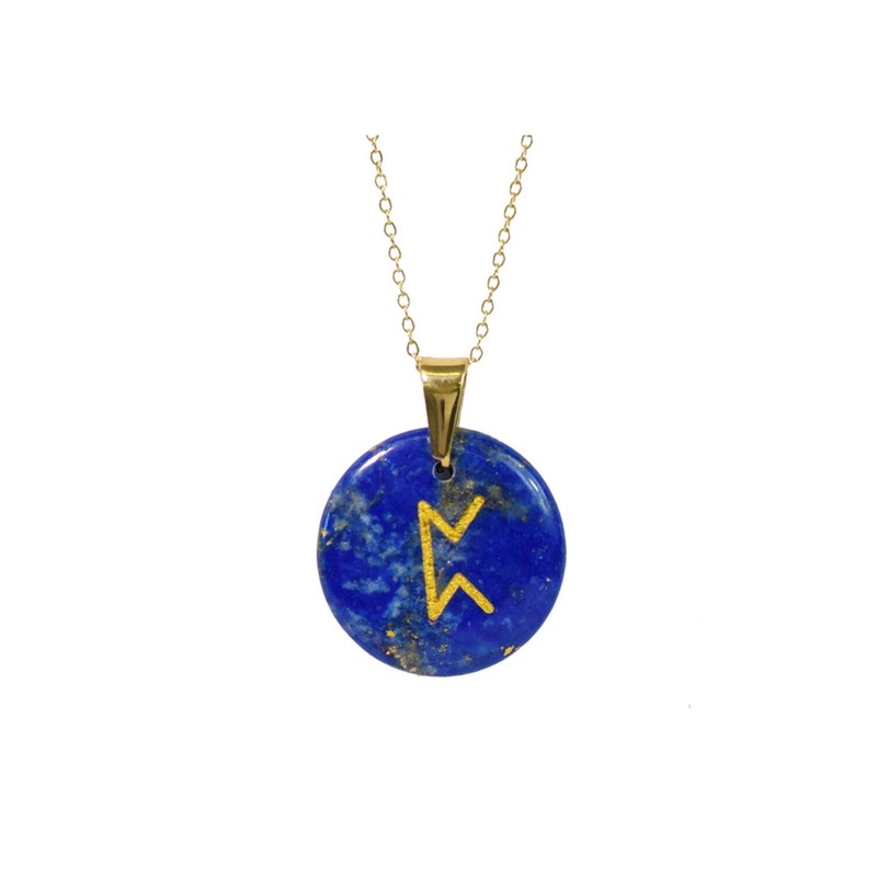 Pendentif talisman intuition en pierre naturelle lapis lazuli bleu nuit gravée rune nordique argentée