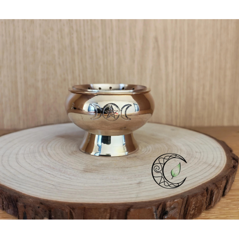 Petit encensoir en laiton doré avec grille symbole pentagramme et lune 4.3cm