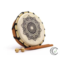 Tambour chamanique mandala bois de suar peau de chèvre 20cm mailloche La Coupe des Fées