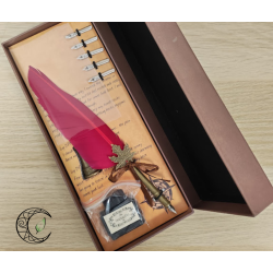 Coffret calligraphie ouvert montrant une plume rose, un flacon d'encre et 5 pointes sur fond parchemin