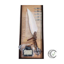 Coffret spirituel avec plume d'oie blanche pour écriture et manifestation, encre et pointes métalliques