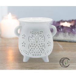 Brûleur à huile en céramique blanche forme chaudron avec motif chouette découpé