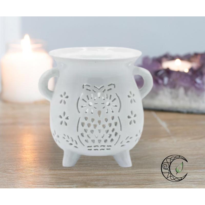 Brûleur à huile en céramique blanche forme chaudron avec motif chouette découpé