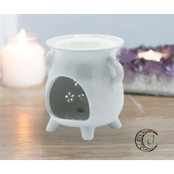 Brûleur à huile en céramique blanche forme chaudron avec motif chouette découpé