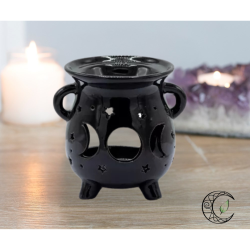 Brûleur à huile chaudron noir en céramique avec découpes triple lune et étoiles