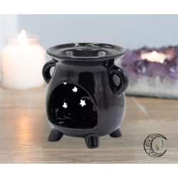 Brûleur à huile chaudron noir en céramique avec découpes triple lune et étoiles