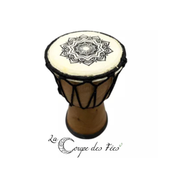 Mini djembé en bois de suar avec motif mandala noir sur peau de chèvre et cordage coton